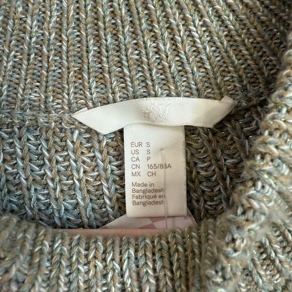 H&M Green & Metallic Gold Tight Knit Balloon Sleeve Sweater Small Cozy Fall - Picture 7 of 12